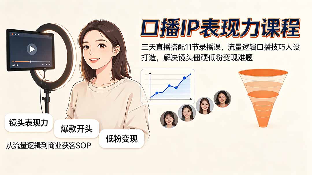 口播IP表现力课｜三天直播+11节录播，解决镜头僵硬低粉变现难题