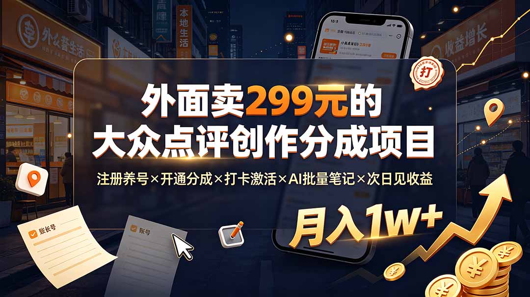 大众点评创作分成项目：注册养号×AI批量笔记×次日见收益，变现1w+