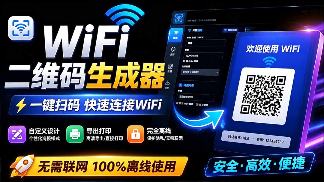 完全离线WiFi二维码生成器，一键扫码连接，支持自定义风格导出