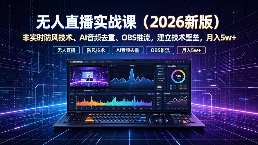 无人直播实战课：AI音频去重+OBS推流，快手抖音防风技术变现5w+