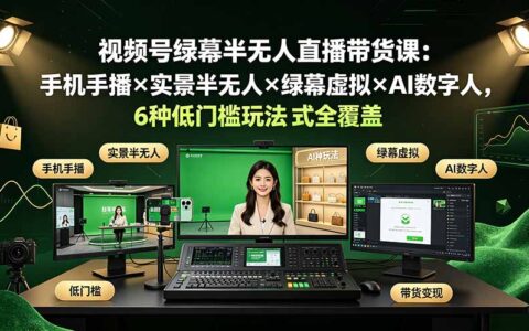 视频号绿幕半无人直播带货课：手机手播×实景半无人×绿幕虚拟×AI数字人，6种低门槛玩法全覆盖