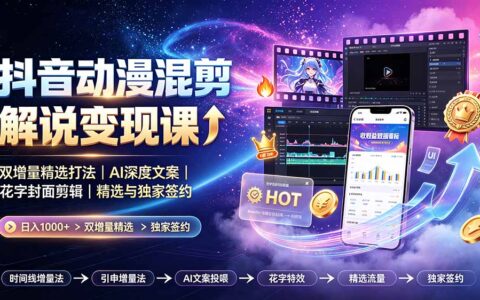 抖音动漫混剪变现课：双增量AI文案+花字封面剪辑，新手签约独家变现100步骤0+