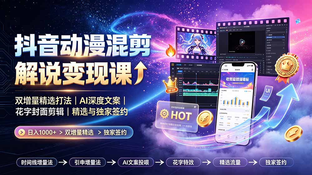 抖音动漫混剪变现课：双增量AI文案+花字封面剪辑，新手签约独家变现100步骤0+