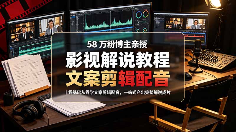 58万粉博主亲授影视解说课，零基础学文案剪辑配音变现