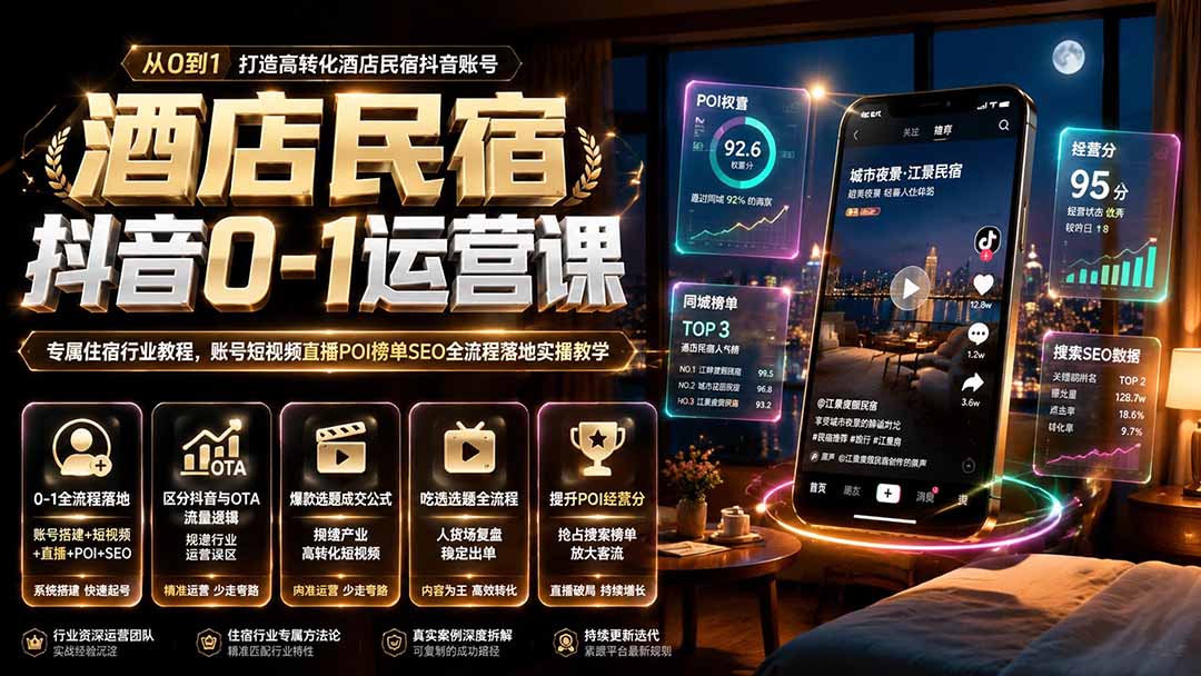 酒店民宿抖音0-1运营课:POI榜单SEO+短视频直播实操,破解OTA流量困局 酒店民宿抖音0-1运营课:POI榜单SEO+短视频直播实操,破解OTA流量困局