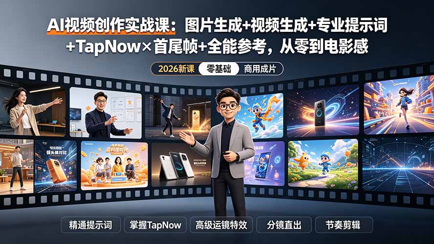 AI视频创作实战课：提示词+TapNow+首尾帧，零基础做出电影感成片