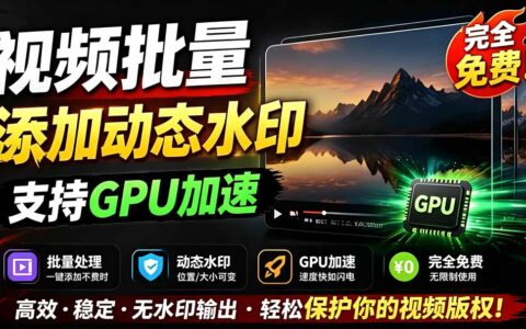 批量视频加动态水印 水印工坊免费GPU加速 防搬运工具