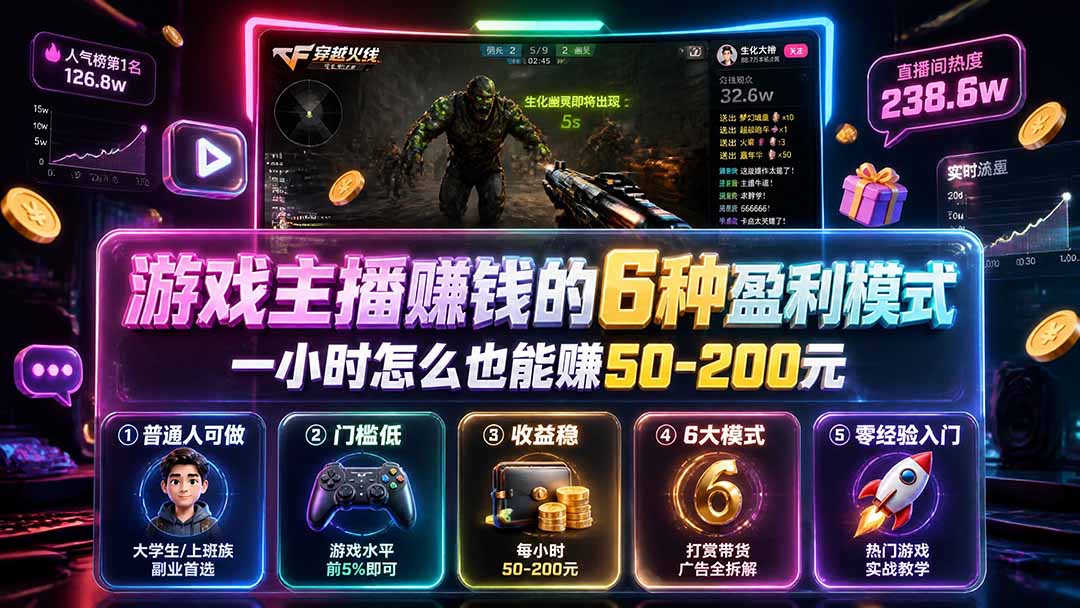 游戏主播赚钱的6种盈利模式，普通人下班兼职一小时也能赚50-200步骤元