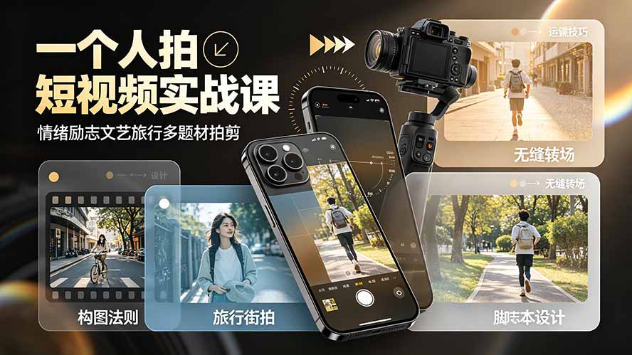 一个人拍短视频实战课：零基础学五大景别·八大运镜·黄金构图，高效成片