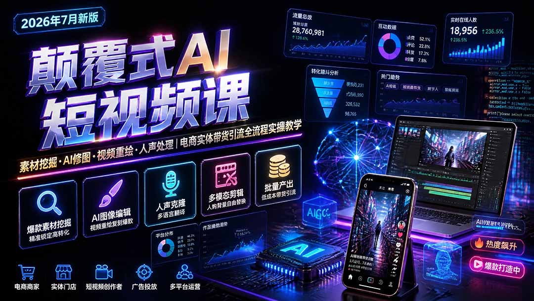 颠覆式AI短视频实操课｜素材挖掘·AI修图·视频重绘·声音克隆｜电商带货引流全流程