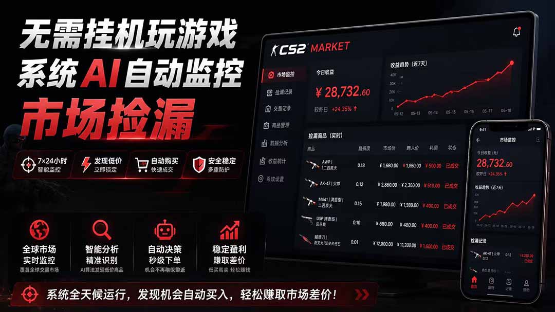 CSGO饰品自动捡漏系统，手机电脑24小时监控赚钱新方法