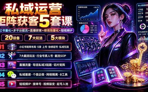 私域运营矩阵获客5套课：小红书量化×多平台截流×直播获客×绿泡泡量化×短视频IP×20设备×7大玩法