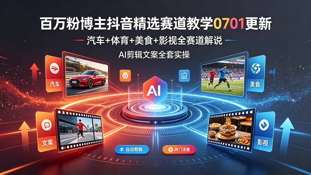 百万粉博主抖音精选赛道教学：汽车体育美食影视全解说，AI剪辑文案实操