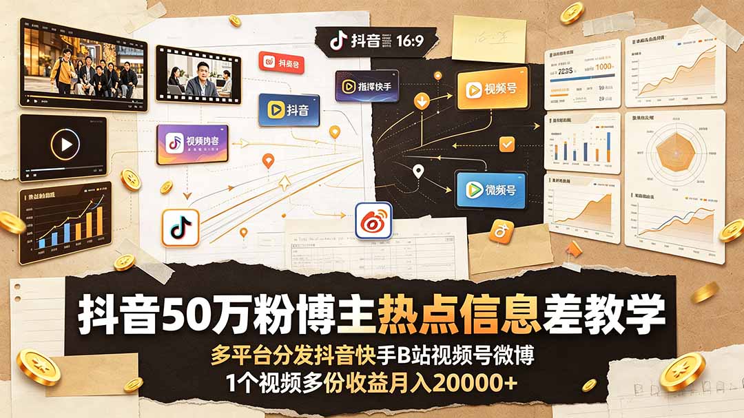 抖音50万粉博主亲授热点信息差多平台分发变现2W+教程