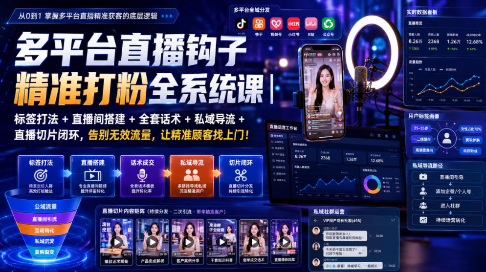 多平台直播钩子精准打粉全系统课，标签打法+私域导流+直播切片闭环