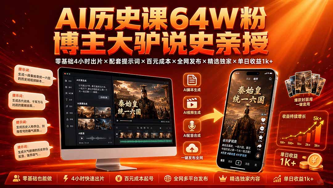 AI历史课大驴说史亲授：零基础4小时出片，百元成本单日收益1方法