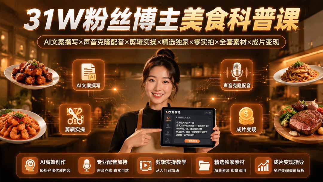 31W粉博主亲授AI美食科普课：文案撰写+声音克隆+剪辑变现全流程