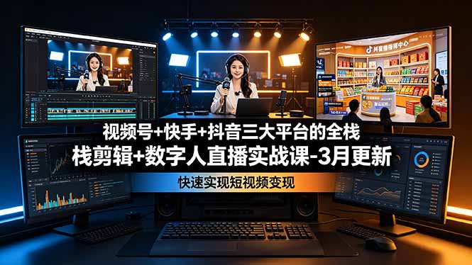 视频号+快手+抖音全栈剪辑+数字人直播实战：快速变现