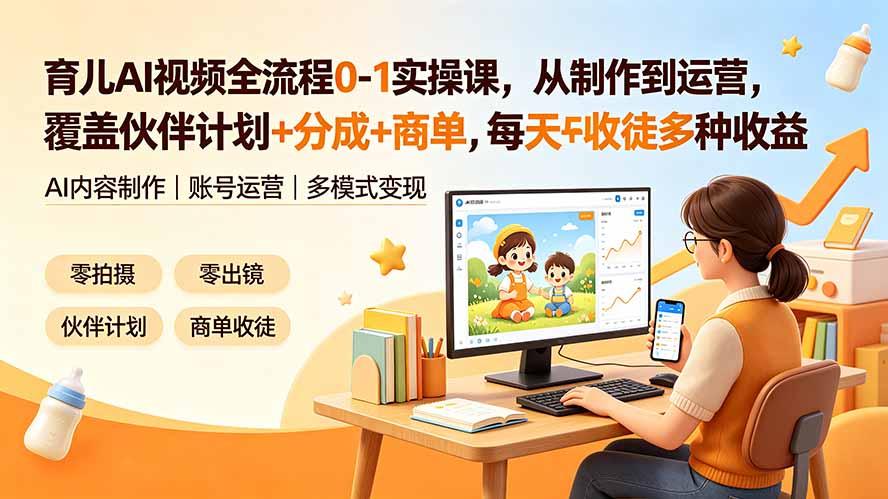 育儿AI视频0-1实操课，从制作到运营，覆盖伙伴计划+分成+商单+收徒多种收益，每天500方法收益