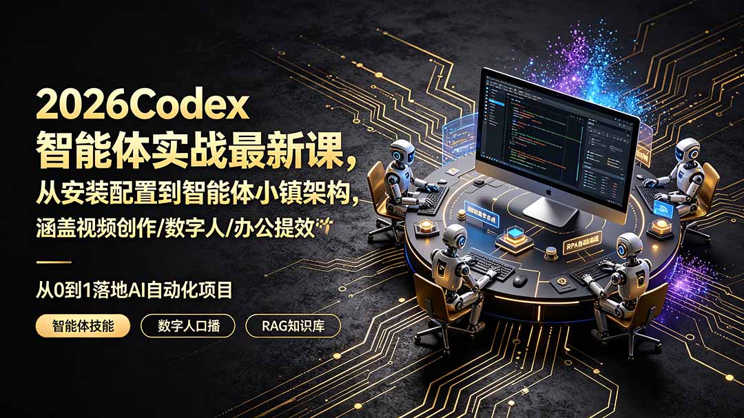 2026Codex智能体实战课：从安装配置到智能体小镇，涵盖视频创作/数字人/办公自动化全技能