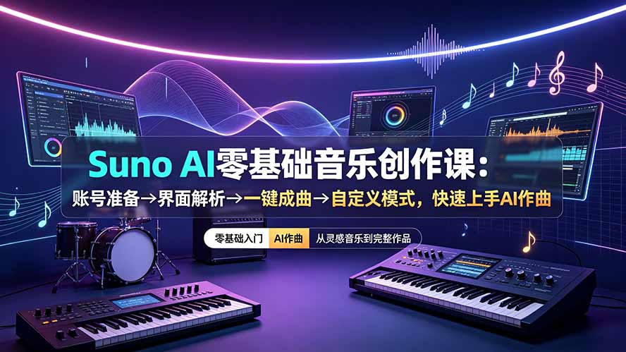 Suno AI音乐创作课：零基础账号准备到一键成曲，快速上手AI作曲