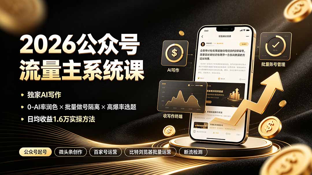 2026公众号流量主系统课:AI写作+0AI率润色+批量做号隔离,新手日收益1.6万实操 2026公众号流量主系统课:AI写作+0AI率润色+批量做号隔离,新手日收益1.6万实操