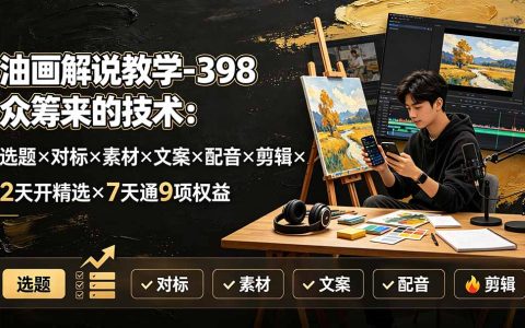 油画解说教学398众筹：选题文案配音剪辑全流程，2天开精选7天通9项权益