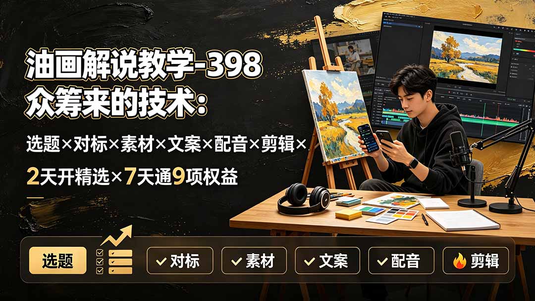 油画解说教学398众筹：选题文案配音剪辑全流程，2天开精选7天通9项权益