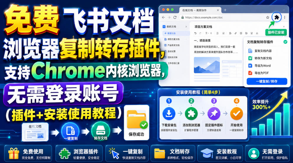 飞书文档复制转存插件免费教程，Chrome内核浏览器无需登录
