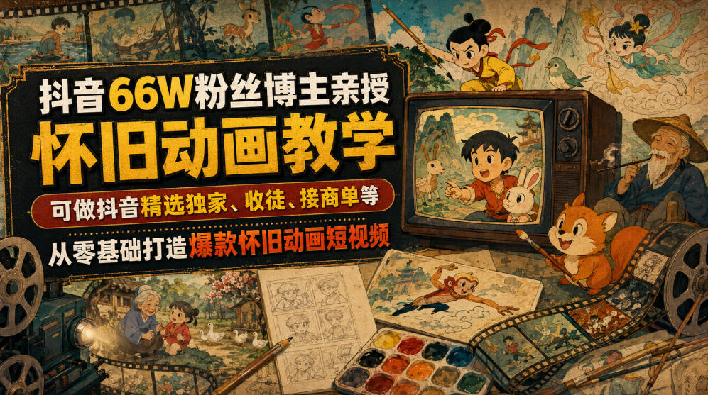 抖音66W博主亲授怀旧动画剪辑，零基础爆款短视频变现课