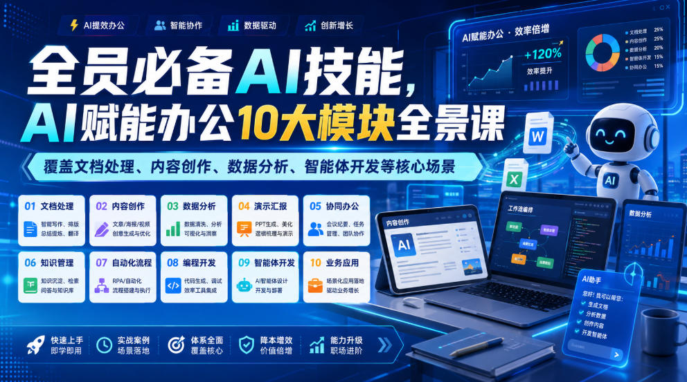 全员必备AI办公课：10大模块覆盖文档/数据分析/智能体开发
