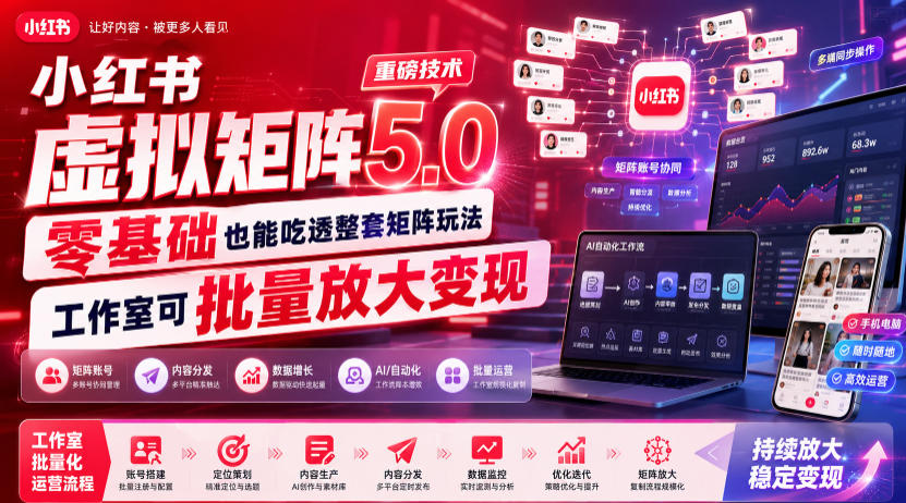 小红书虚拟矩阵5.0:零基础AI原创+多账号批量变现全攻略 小红书虚拟矩阵5.0:零基础AI原创+多账号批量变现全攻略