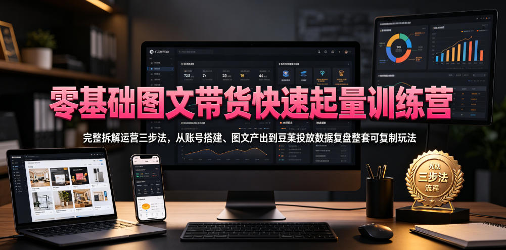 零基础图文带货起量训练营，拆解账号搭建到豆荚投放三步法