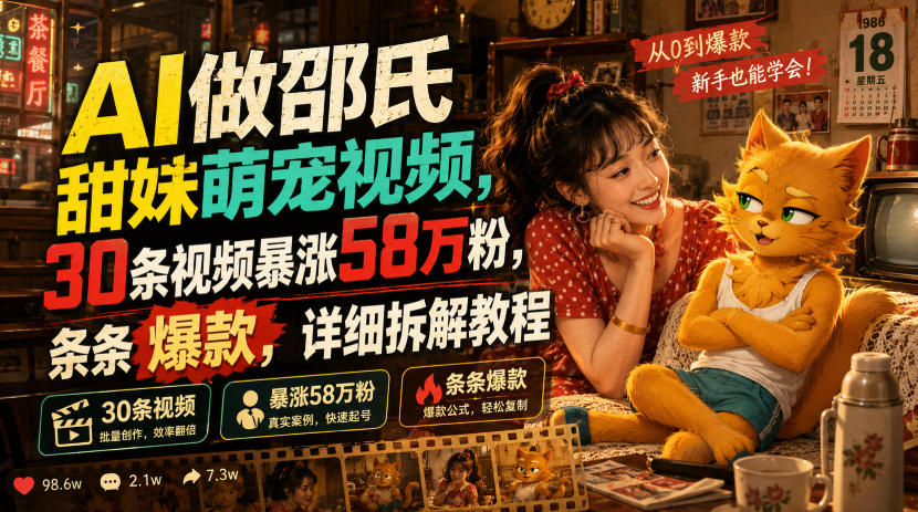 AI邵氏甜妹萌宠视频教程，30条涨粉58万爆款拆解