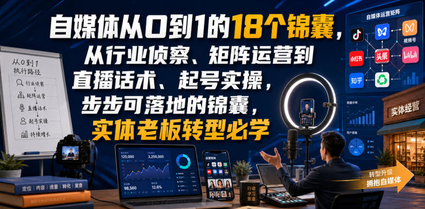 实体老板自媒体起号18个锦囊：矩阵运营+直播话术+私域裂变，从0到1落地实操