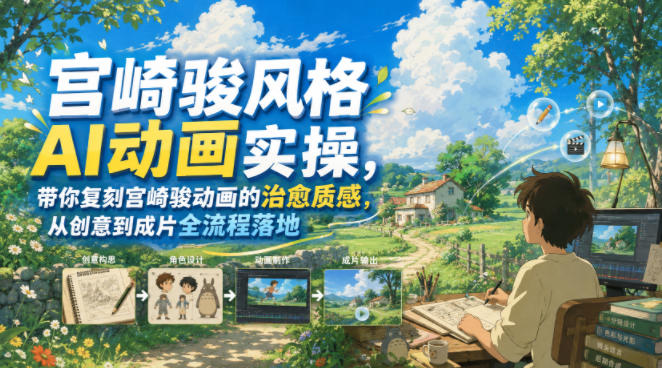 宫崎骏风格AI动画实操课，零基础复刻治愈质感从分镜到成片