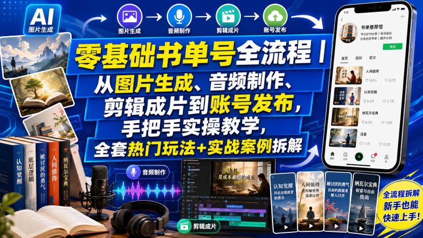 零基础书单号全流程实操：图片生成、音频制作、剪辑发布到爆款变现