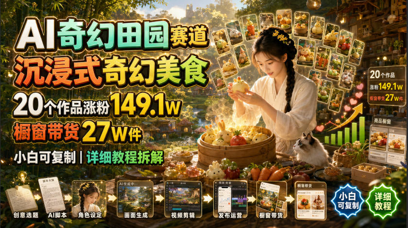 AI奇幻田园美食，20作品涨粉149万，小白可复制教程