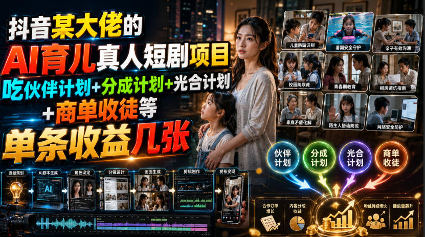 AI育儿短剧变现:低成本脚本制作+平台分成+商单收徒教程 AI育儿短剧变现:低成本脚本制作+平台分成+商单收徒教程