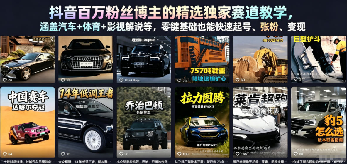 抖音百万粉博主精选赛道教学：AI工具+体育汽车影视解说，零基础快速起号变现