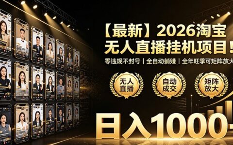 最新2026淘宝无人直播G机，零违规自动化被动收入变现100步骤0+