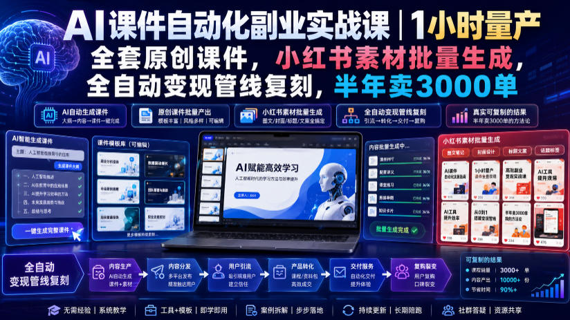 AI课件副业实战课｜1小时量产原创课件，小红书自动变现复刻