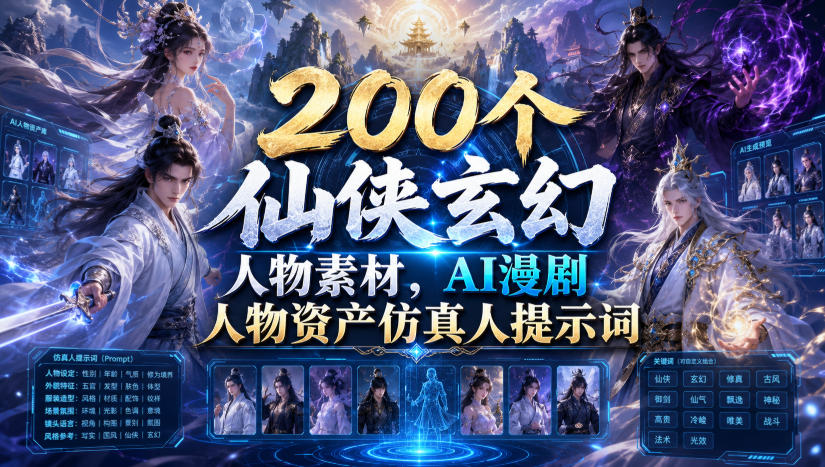 200步骤个仙侠玄幻人物素材+AI漫剧提示词，仿真人形象一键生成