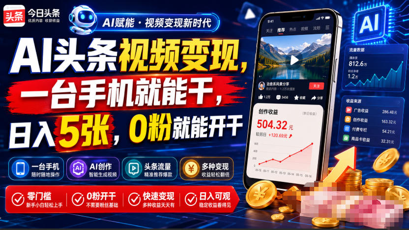 AI头条视频变现，手机剪映零粉起号，变现5张副业教程