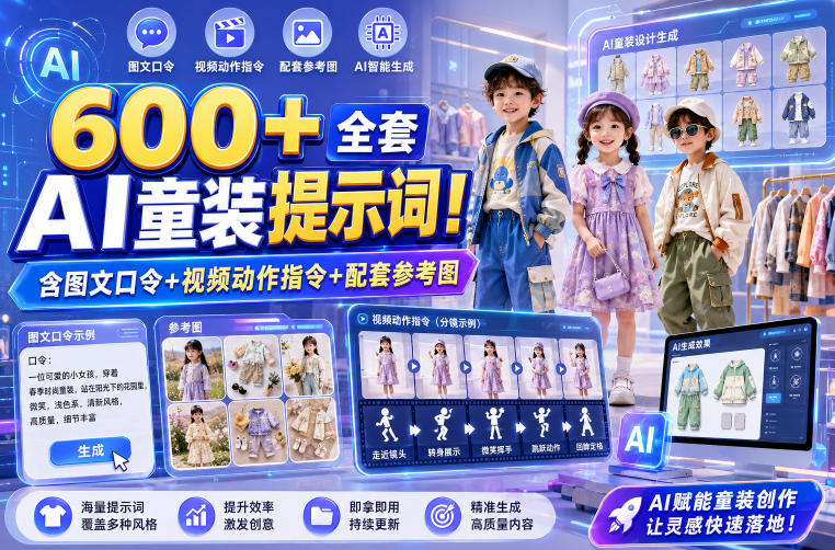 600方法AI童装提示词,图文视频口令+参考图,电商种草量产工具 600方法AI童装提示词,图文视频口令+参考图,电商种草量产工具