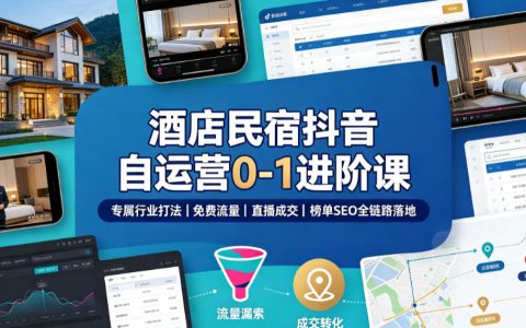 酒店民宿抖音自运营0-1进阶课：免费流量+直播成交+榜单SEO全链路落地