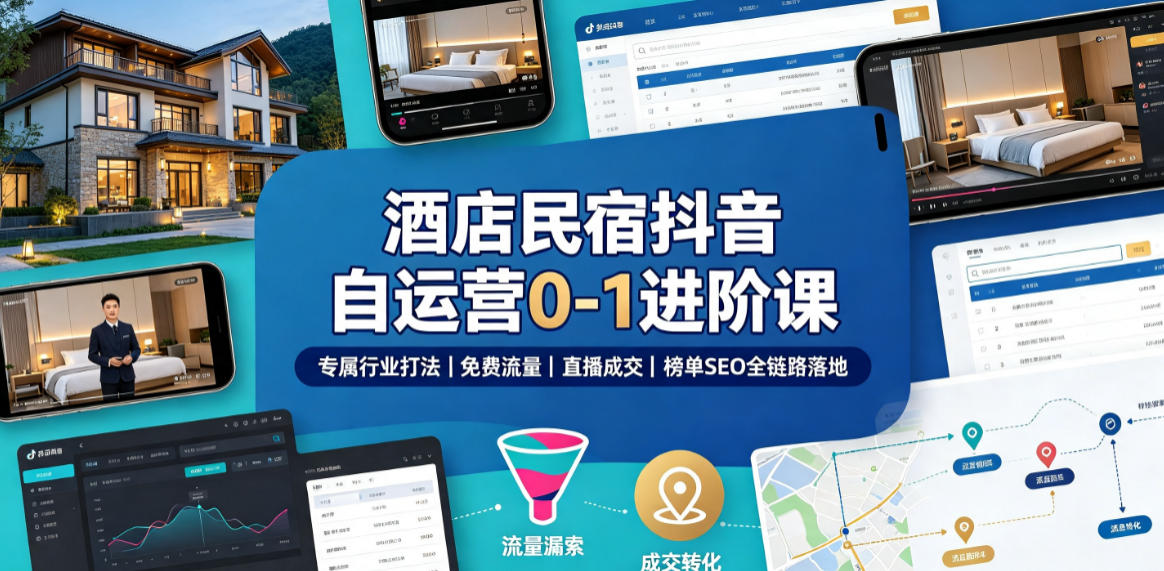 酒店民宿抖音自运营0-1进阶课：免费流量+直播成交+榜单SEO全链路落地