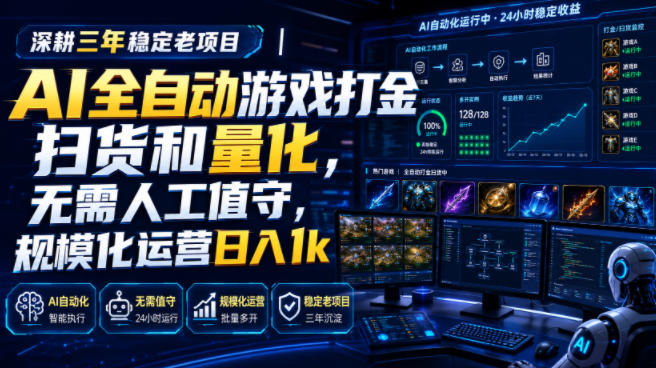 AI自动化游戏打金扫货量化，变现1步骤零基础G机项目