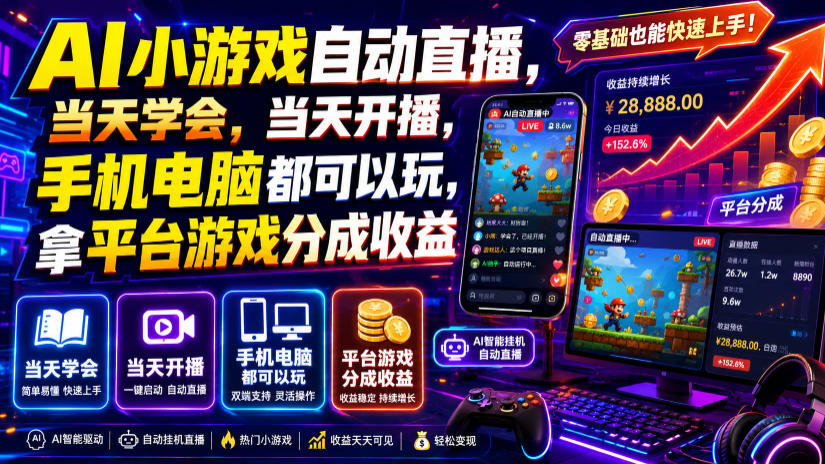 AI小游戏自动直播教学，当天开播赚平台分成，手机电脑通用