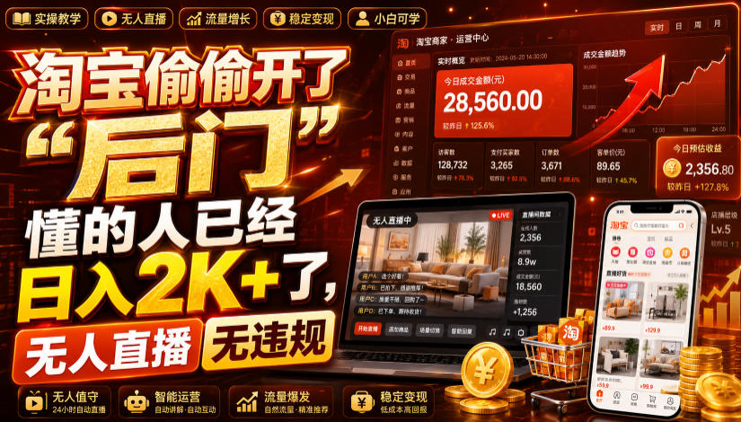 淘宝无人直播官方通道，变现2K+零违规，电脑G机自动出单